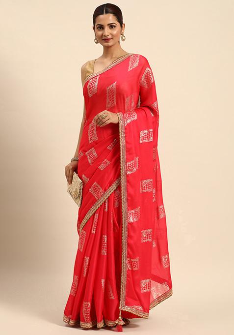 Pink Foil Work Chiffon Saree With Blouse