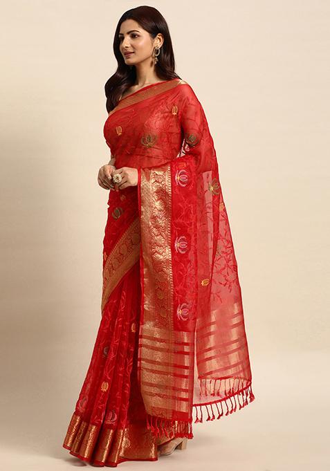 Red Embroidered Organza Saree With Blouse