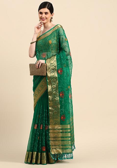 Green Fancy Embroidered Work Organza Saree With Blouse