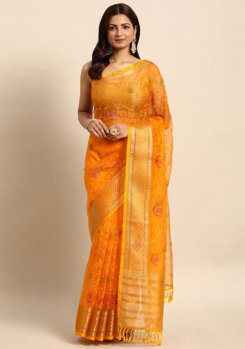 Yellow Embroidered Organza Saree With Blouse