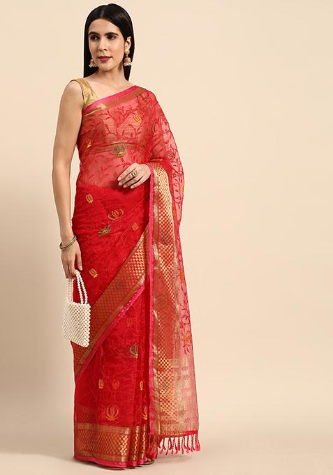 Pink Fancy Embroidered Work Organza Saree With Blouse