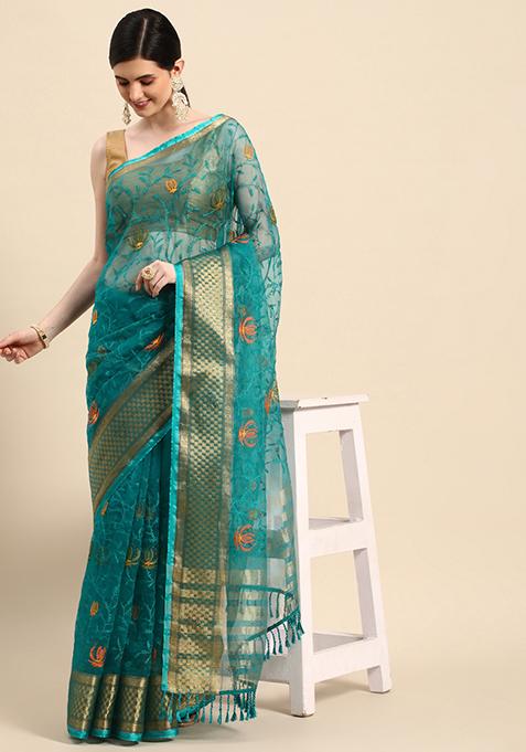 Turquoise Green Embroidered Organza Saree With Blouse