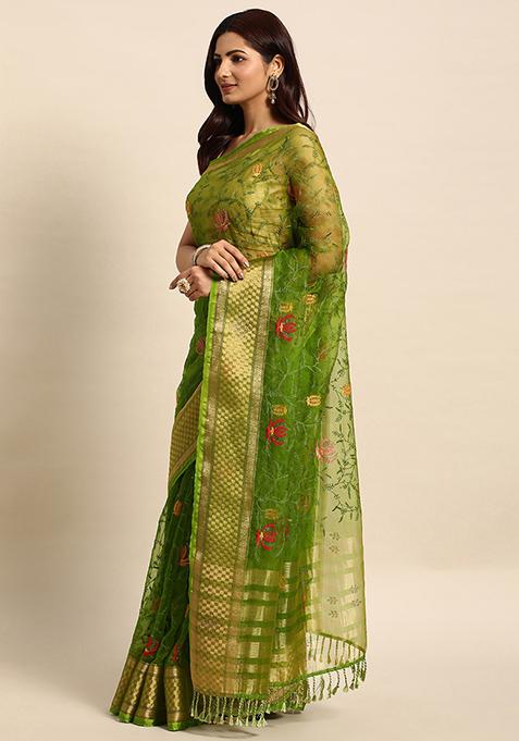 Mehendi Green Embroidered Organza Saree With Blouse