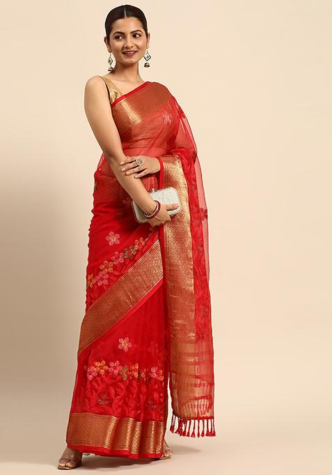 Red Embroidered Work Organza Saree With Blouse