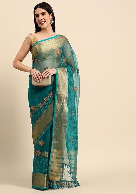 Turquoise Blue Embroidered Organza Saree With Blouse