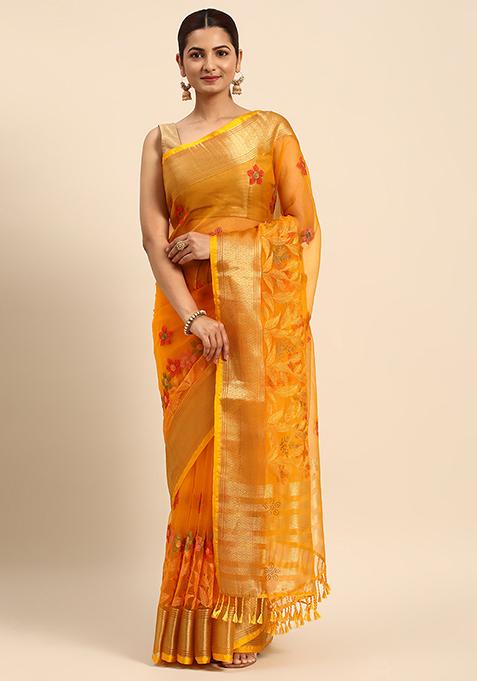 Yellow Embroidered Work Organza Saree With Blouse