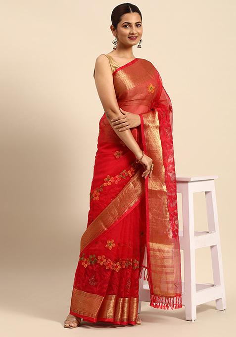 Pink Embroidered Organza Saree With Blouse