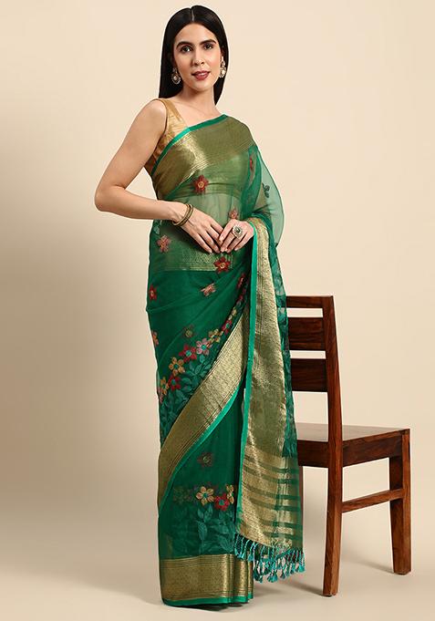 Turquoise Green Embroidered Work Organza Saree With Blouse