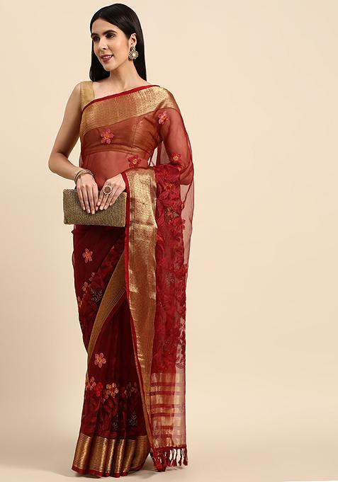 Maroon Embroidered Organza Saree With Blouse