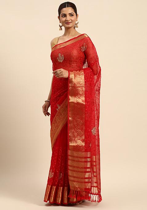 Red Fancy Embroidered Organza Saree With Blouse