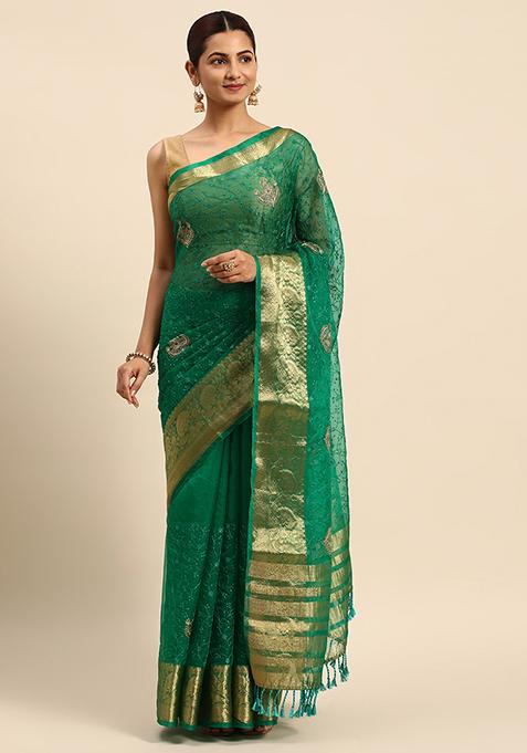 Green Embroidered Organza Saree With Blouse