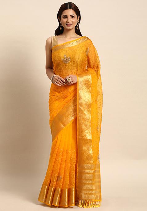 Yellow Fancy Embroidered Work Organza Saree With Blouse