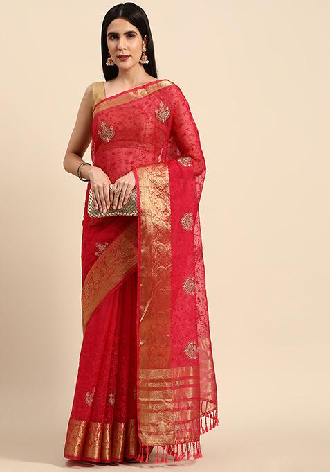 Maroon Embroidered Work Organza Saree With Blouse
