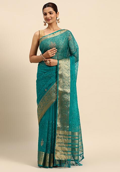 Turquoise Blue Embroidered Work Organza Saree With Blouse