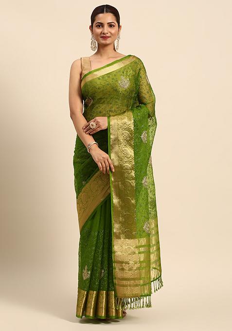 Mehendi Green Embroidered Work Organza Saree With Blouse