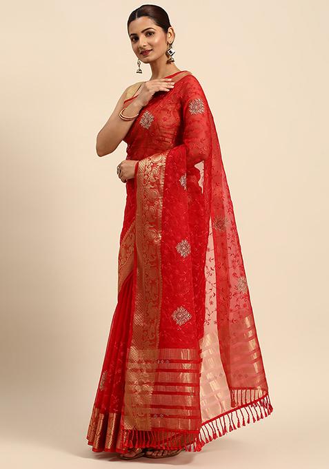 Red Fancy Embroidered Work Organza Saree With Blouse