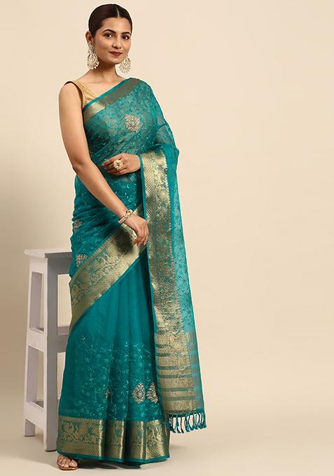 Turquoise Embroidered Organza Saree With Blouse
