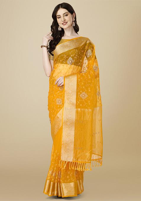 Yellow Fancy Embroidered Work Saree With Blouse