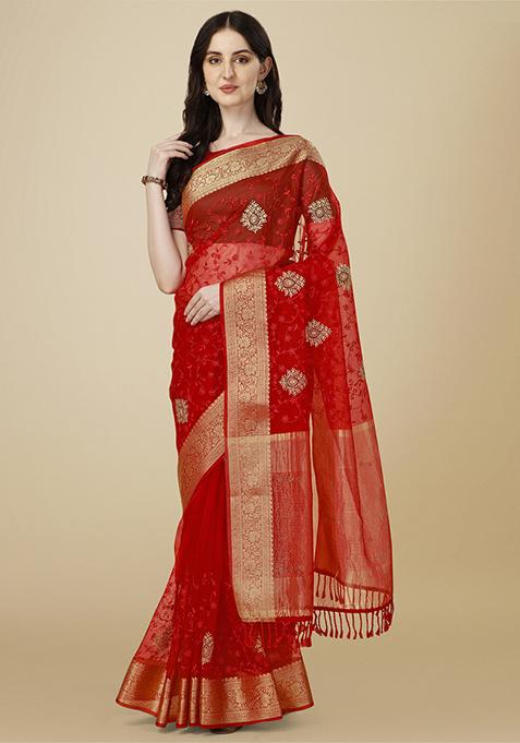Maroon Embroidered Work Saree With Blouse