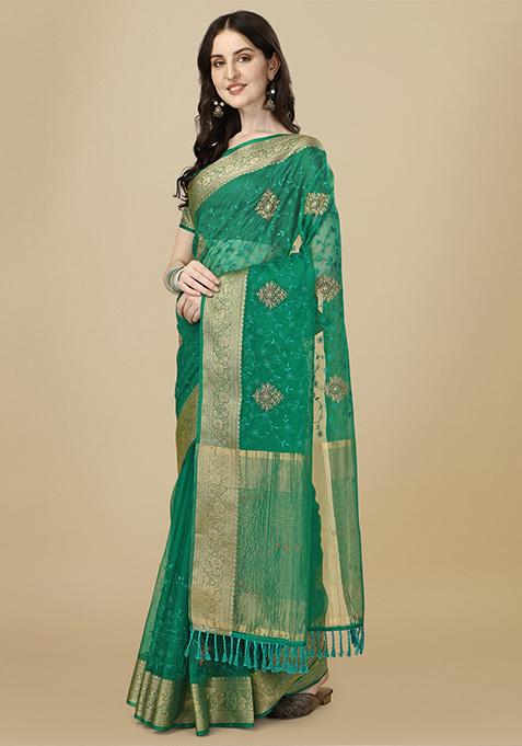 Green Embroidered Work Organza Saree With Blouse
