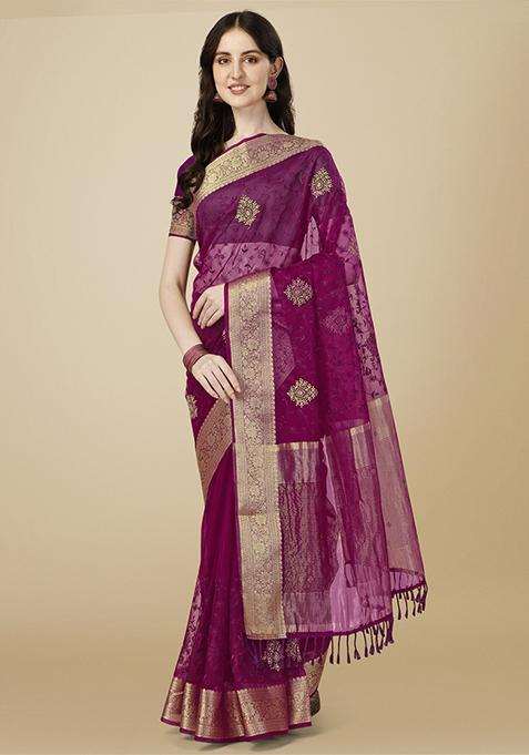Wine Embroidered Organza Saree With Blouse