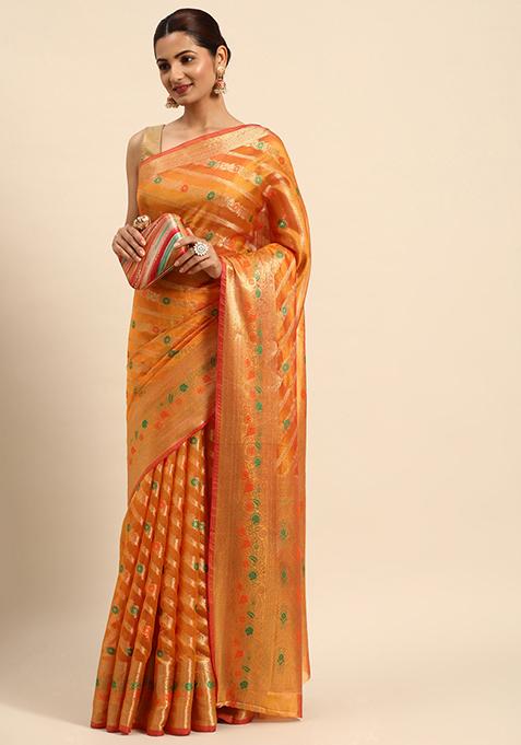Orange Zari Embroidered Organza Silk Saree With Blouse