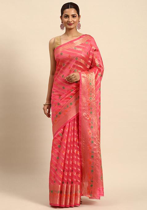 Pink Zari Embroidered Organza Silk Saree With Blouse
