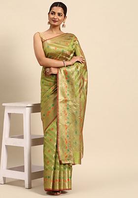 Mehendi Green Zari Embroidered Organza Silk Saree With Blouse