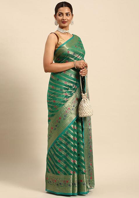 Rama Green Zari Embroidered Organza Silk Saree With Blouse
