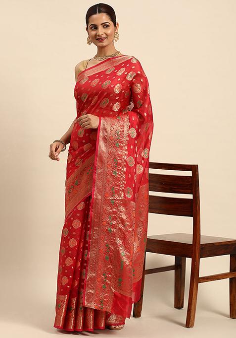 Red Zari Embroidered Organza Silk Saree With Blouse