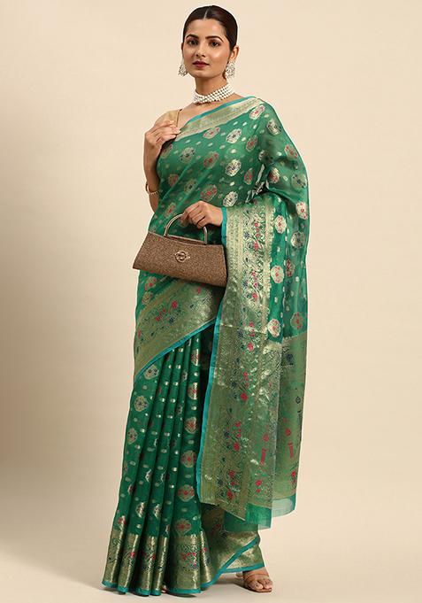 Green Zari Embroidered Organza Silk Saree With Blouse