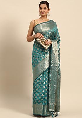 Teal Blue Zari Embroidered Organza Silk Saree With Blouse