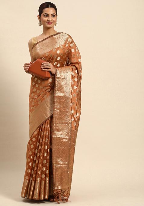 Brown Zari Embroidered Organza Silk Saree With Blouse