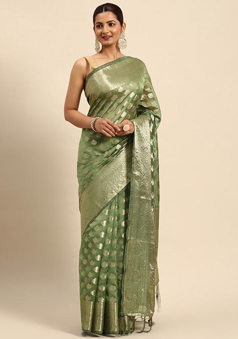 Green Zari Embroidered Saree With Blouse