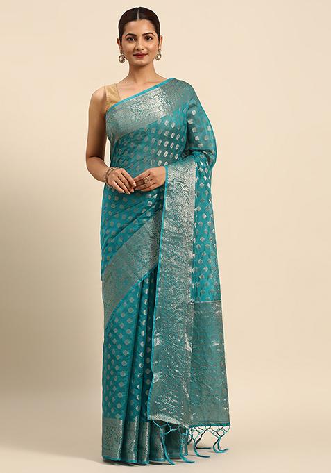 Turquoise Blue Zari Embroidered Organza Silk Saree With Blouse