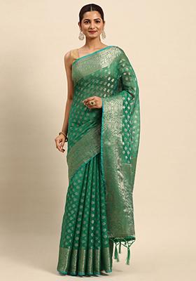 Green Zari Work Pure Silk Fusion Saree With Blouse