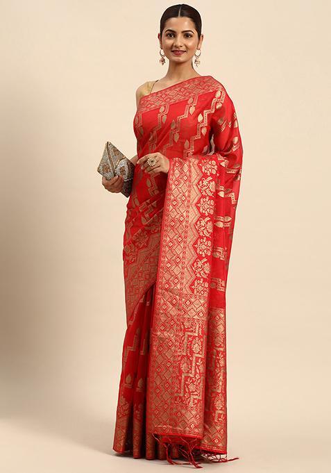 Red Zari Embroidered Saree With Blouse