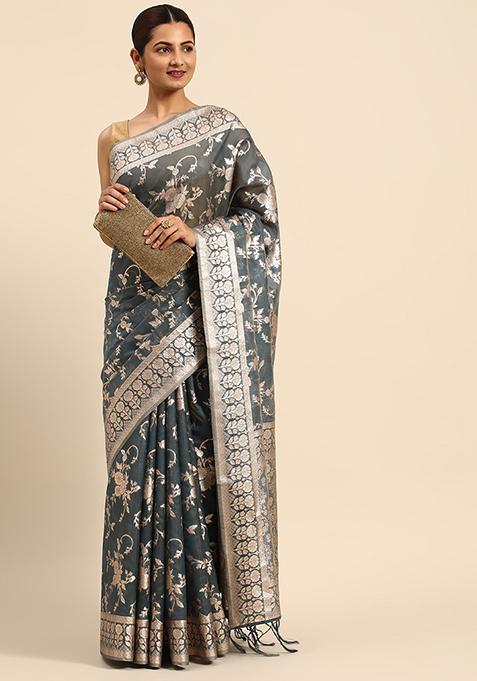 Grey Zari Embroidered Organza Silk Saree With Blouse