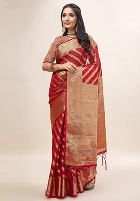 Red Jhalar Work Zari Embroidered Organza Silk Saree With Blouse
