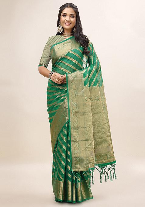 Green Jhalar Work Zari Embroidered Organza Silk Saree With Blouse
