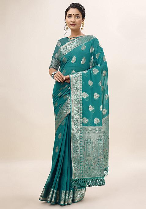 Turquoise Shimmer Chiffon Fusion Saree With Blouse