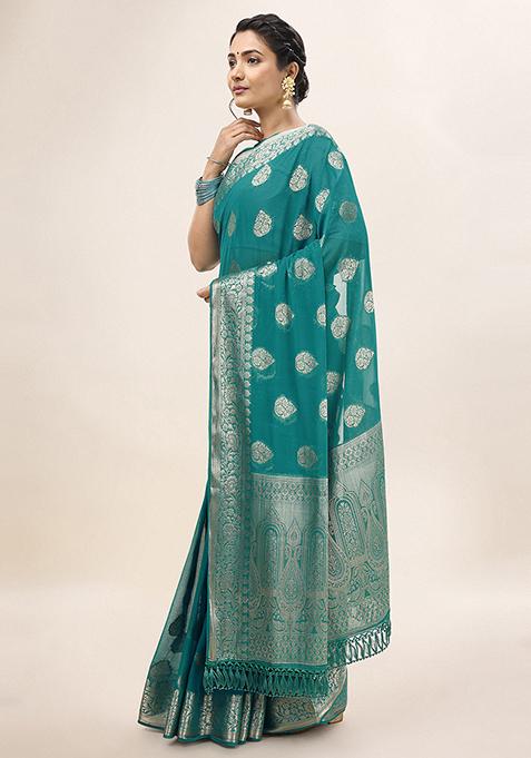 Women's Pure Chiffon Turquoise Printed Designer Saree With Blouse Piece