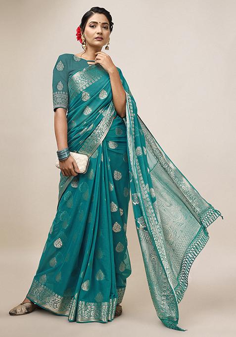 Women's Chiffon Turquoise Woven Design Designer Saree With Blouse Piece