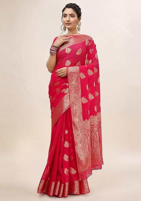 Red Shimmer Chiffon Fusion Saree With Blouse