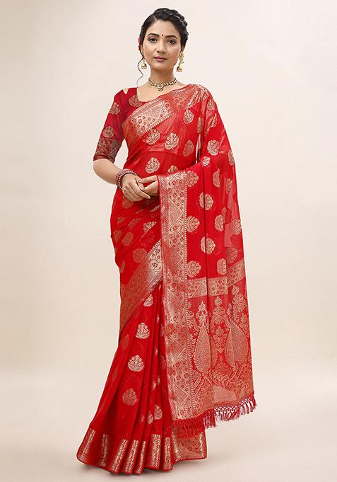 Red Shimmer Woven Chiffon Fusion Saree With Blouse