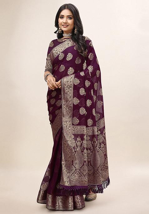 Wine Shimmer Chiffon Fusion Saree With Blouse
