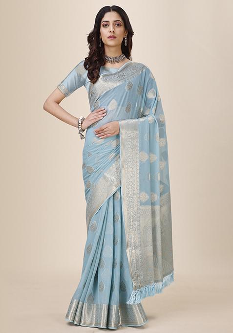 Sky Blue Shimmer Chiffon Fusion Saree With Blouse
