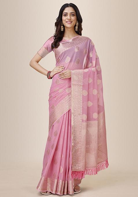 Light Pink Shimmer Chiffon Fusion Saree With Blouse