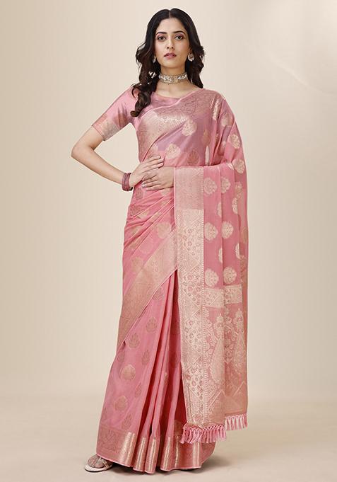 Light Pink Shimmer Woven Chiffon Fusion Saree With Blouse