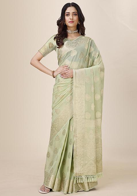 Light Green Shimmer Chiffon Fusion Saree With Blouse